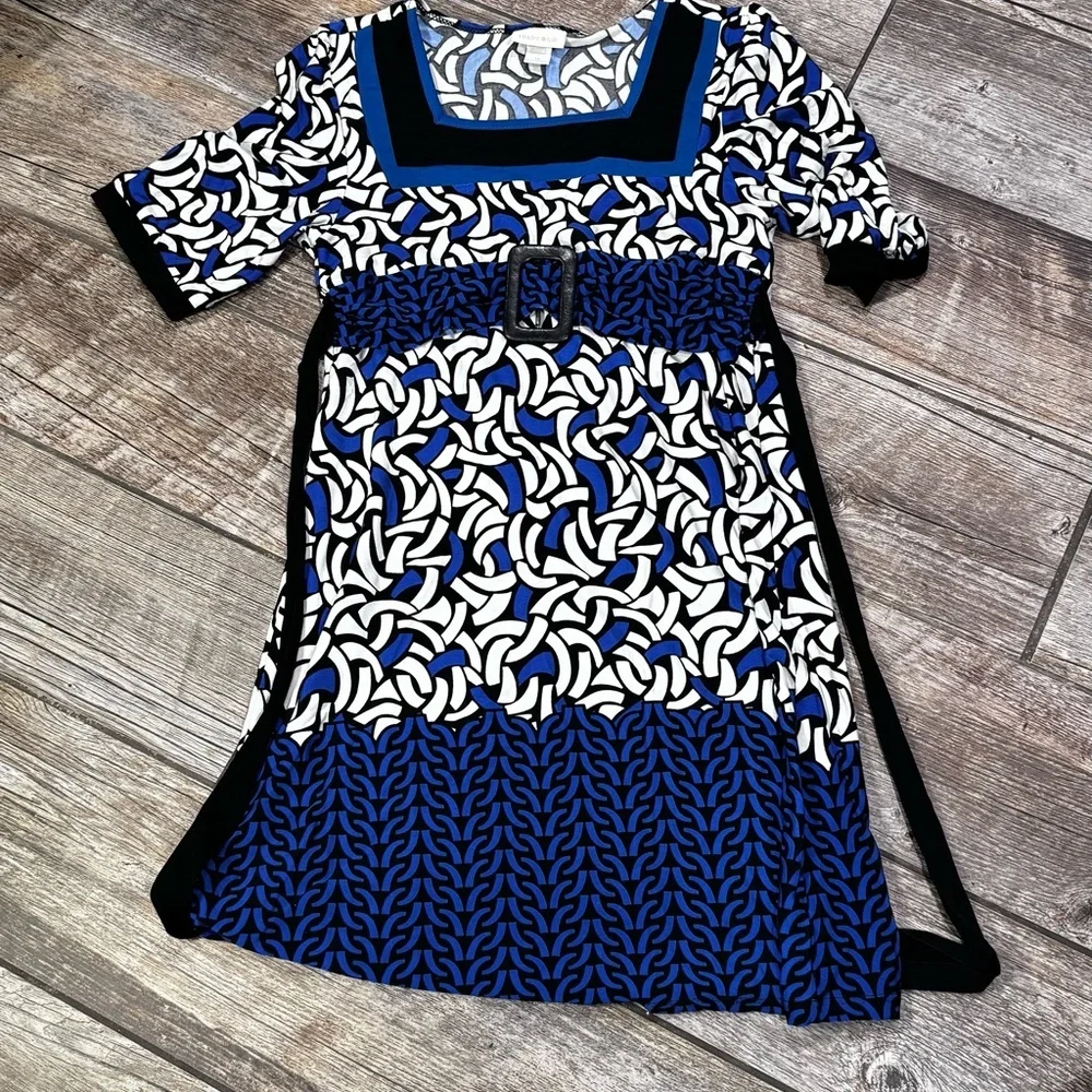 Blue and White Patterned Dress with Belt​